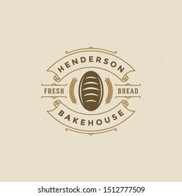 Bakery badge or logo retro vector illustration. Bread or loaf silhouette for bakehouse. Pastry food vintage typographic logo design with decoration.