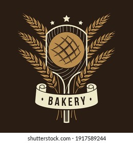 Bakery badge, logo. Vector illustration Typography design with bread on the shovel, ears of wheat silhouette. Template for restaurant identity objects, packaging and menu
