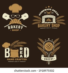 Bakery badge, logo. Vector illustration Typography design with bag of flour, oven, bread shovels, hop and balance scale silhouette. Template for restaurant identity objects, packaging and menu