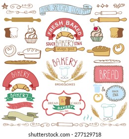 Bakery Badges,Labels,logos.Vintage Retro Colored hand sketched doodles and design elements (bread, loaf, wheat ear, cake icons,border,ribbon). Easy to make logo.Vector template,logotype maker