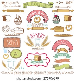 Bakery Badges,logos.Vintage Retro Colored labels, hand sketched doodles.Design elements (bread, loaf, wheat ear, cake icons,border,ribbon). Vector template,logotype maker