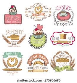 Bakery Badges,logos.Vintage Retro  hand sketched Labels,doodles design elements (bread, loaf, wheat ear, cake icons). Vector logotype,doodle cake,baked shop.