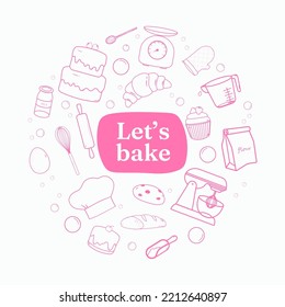 Bakery bake banner with kitchen tools and baked goods line icon floating with round shape.