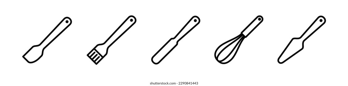 Bakery, bake, bread tools icons vector set. Baking tool icon collection in line style. Whisk, spatula, brush, and other with editable stroke. Vector illustration