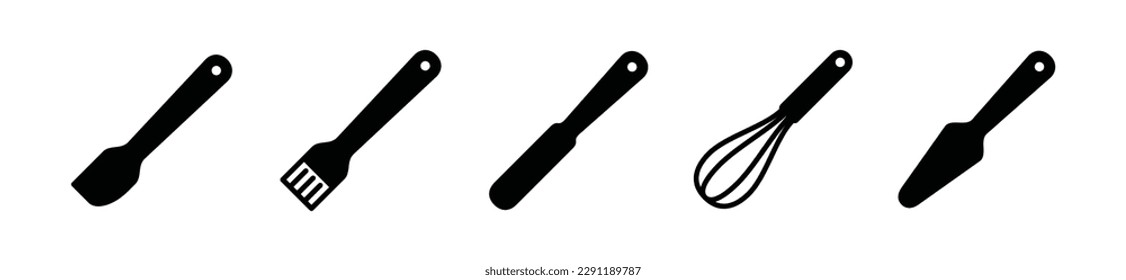 Bakery, bake, bread tools icons vector set. Baking tool icon collection in flat style. Whisk, spatula, brush, and other with editable stroke. Vector illustration