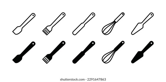 Bakery, bake, bread tools icons vector set. Baking tool icon collection in line and flat style. Whisk, spatula, brush, and other with editable stroke. Vector illustration