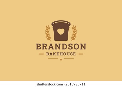 Panadería hornear pan de alimentos con corazón tienda logo retro diseño Plantilla Vector plana ilustración. Panadería pastelería pastelería dulce delicioso producto de trigo tradicional tienda de recetas cafetería minimalista logotipo