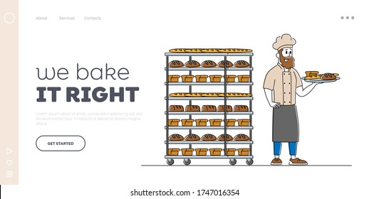 Bakery and Baked Food Production and Manufacture Landing Page Template. Baker Character in Uniform Hold Tray with Various Fresh Hot Baked Bread Loafs Just Taken from Oven. Linear Vector Illustration