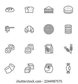 Bakery and baked goods line icons set, outline vector symbol collection, linear style pictogram pack. Signs, logo illustration. Set includes icons as bread, sandwich, croissant, sweets cookie, cake