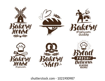 Bakery, bakehouse label or logo. Bread, baked goods, food symbol. Typographic design vector illustration