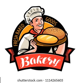 Bakery, bakehouse logo or label. Happy baker or cook with bread in hand. Vector illustration