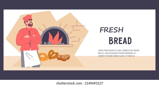 Bakery or bakehouse template banner with breaded baker and his products, flat cartoon vector. Bread and pastry store poster or flyer design.