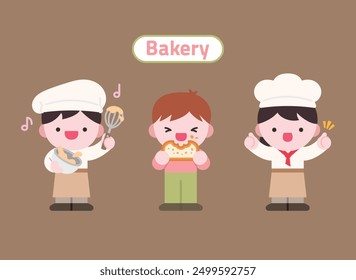 Bakery Baker Characters Illustration.
Color illustration of three cute baker characters performing various tasks.
