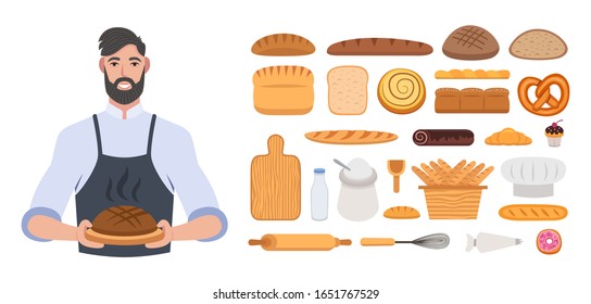 Bakery or baker shop, pastry and baking ingredients at kitchen. Vector design of baker man with wheat bread. Wheat, rye bread, loaf, grain, pretzel, bun, roll, french baguette. Cartoon illustration.