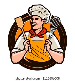 Bäckerei, Bakeshop Logo oder Label. Der glückliche Koch hält ein Kochgerät und ein Whisk in Händen. Vektorgrafik