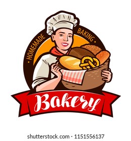 Bäckerei, Bakeshop Logo oder Label. Weibliche Bäckerin, die einen Korbkorb voller Brot halten. Vektorgrafik