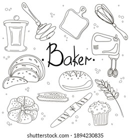 Bakery and baking elements, kitchen utensils hand drawn set, bread, pastry etc. Doodle sketch style. Vector stock illustration isolated on white background. Design for menu, frame, recipe design etc.