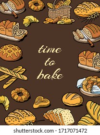 Bakery and baking pastry wheat and rye poster with bread and cake assortment vector illustration. Baked goods bread, buns, croissant and loaf doodle poster.