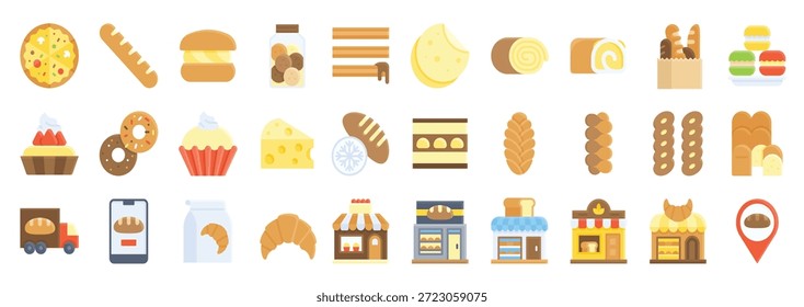 Conjunto de iconos relacionados con panadería y panadería, estilo plano