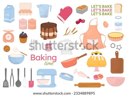 Bakery and baking set. Kitchen utensils, bakery, and ingredient design elements on white background. Hand-drawn style.
