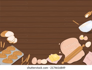 Bakery baking time background, design with bread, wheat, egg, and kitchen equipment on wood texture background. 
