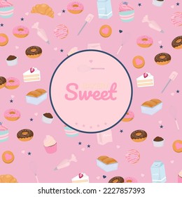 Bakery and baking tools pattern with sweet logo on pink background.