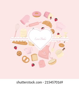 Bakery and baking tools sweet badge, design with kitchen equipment and baked goods.