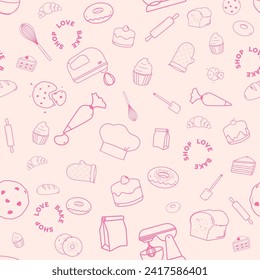 Bakery and baking utensils outline icons in seamless patterns with hand-drawn style on a white background.
