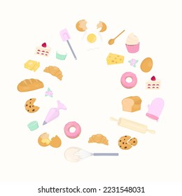 Bakery banner. Baking utensils with egg and bakery in pastel color on white background.