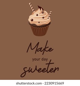 Bakery banner card template with chocolate cupcake. Vector background design. Sweet food. Text. waffle rolls, chocolate drops, candies.