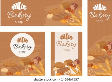 Bakery banner and cards vector design, cartoon style icons.