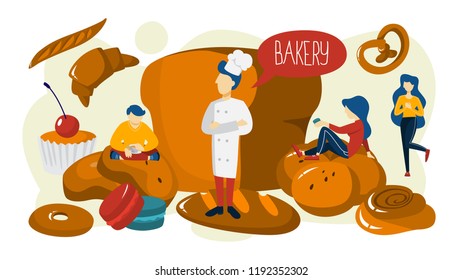 Bakery banner concept. Small people standing around giant baked food. Fresh tasty good shop. Delicious bread, pie and dessert set. Flat vector illustration