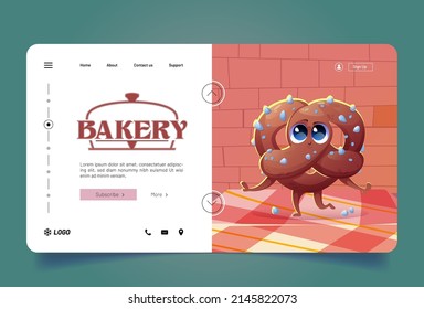 Bakery banner with cute pretzel character on table. Vector landing page of bakery shop with cartoon illustration of happy bretzel, german bake with salt in cafe or store