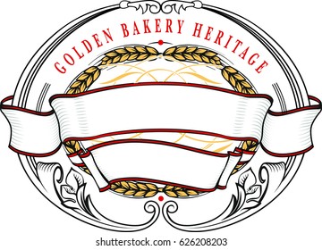Bakery banner, decorative element with gold ripe wheat ears on rich decorated ribbon. 