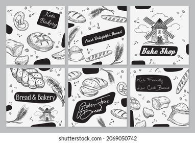 Bakery banner design set, vector illustration. Hand drawn bread, baked food at social media collection. Vintage hand drawn fresh loaf, baguette with organic wheat decoration.