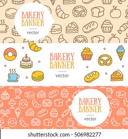 Bakery Banner Flyer Horizontal Set Thin Line Pixel Perfect Art. Material Design. Vector illustration for web site, coupon, voucher, placard. Flat design