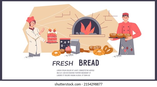 Pancarta o folleto de panadería, plantilla de cabecera de sitio con panaderos de dibujos animados, ilustración vectorial plana. Pancarta publicitaria de panadería o panadería o diseño de folletos.