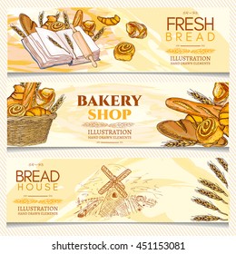 Bakery banner fresh bread basket of buns hand drawn vector illustration 