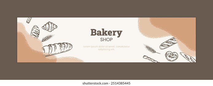 Banner de padaria com pão fresco, bolos e doces. Vintage esboço ilustração apresenta trigo, croissants, e cupcakes, perfeito para menus, cartazes ou post de mídia social. Não é IA.