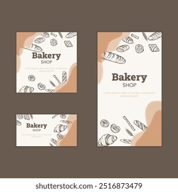 Bakery banner with fresh bread, cakes, and pastries. Vintage illustration sketch features wheat, croissants, and cupcakes, perfect for menus, posters or social media post. Not AI.