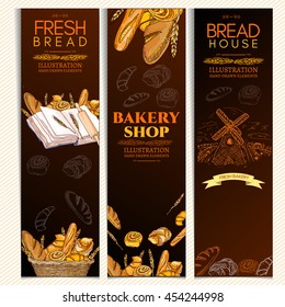 Bakery banner fresh bread rolls in basket sweet pastry hand drawn vector illustration 