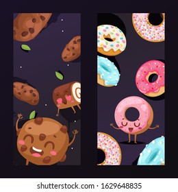 Bakery banner with funny cookie mascot cartoon character, vector illustration. Bakeshop promotion campaign, pastry products and donuts. Freshly baked sweets for cafe, vertical banner advertisement