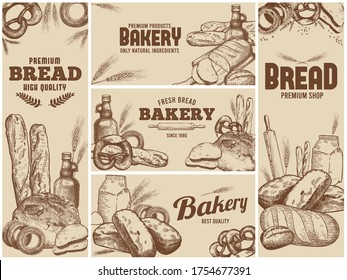 Bakery banner with hand drawn fresh bread and natural ingredients for baking. Sketch bakery products as baguette and pretzel vector illustration set. Advertisement for shop or store.