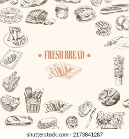 Bäckerei Banner mit handgezeichnet frischem Brot. Backwaren für Sketch als Baguette und Vektor-Baguette. Werbung für Geschäft oder Geschäft.