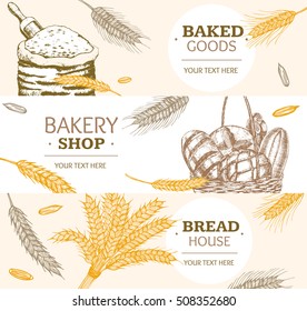 Bakery Banner Horizontal Hand Draw Sketch. Food Vintage Style. Vector illustration of sacks with whole, baking basket, wheat ears. Tree cooking card for shop,fresh bread