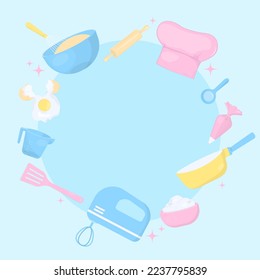 Bakery banner. Kitchen utensil, chef hat, egg, and flour on blue background with space for copy text.
