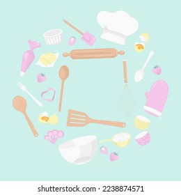 Bakery banner. Kitchen utensils and ingredient with pastel color on a green background.