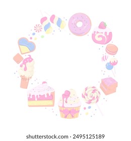 Bakery banner. Pastel sweet bakery, cake, ice cream, and candy with sugar sprinkles in a round composition. 