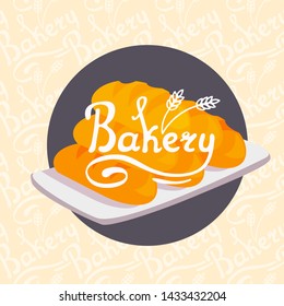 Bakery banner, poster design. Tray of tasty freshly baked bread on the background. Hand-drawn italics inscription bakery. Vector cartoon style illustration.