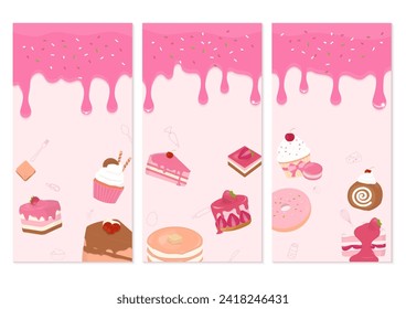 Bakery banner set. Cake, cupcake, pancake, and doughnut with strawberry sauce and sugar sprinkles.